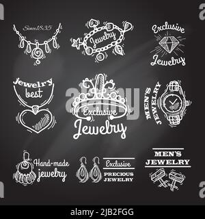 Jewelry chalkboard emblems with cuff links watches bracelets rings set isolated vector illustration Stock Vector