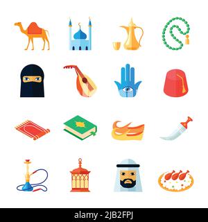 Arabic culture and religion middle east traditional icon flat set isolated vector illustration Stock Vector