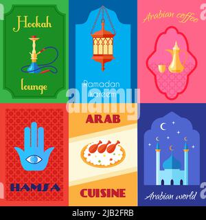 Arabic culture mini poster wet with hookah coffee hamsa cuisine isolated vector illustration Stock Vector