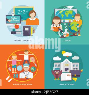 School design concept set with best teacher lesson physical education flat icons isolated vector illustration Stock Vector