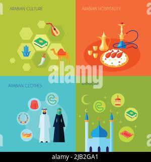 Arabic culture design concept set with hospitality clothes and ramadan flat icons set isolated vector illustration Stock Vector