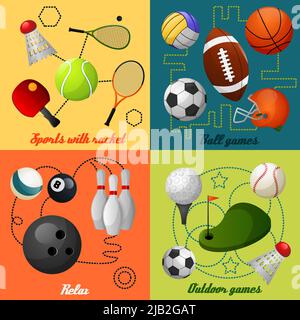 Outdoor sport games squash tennis soccer basketball rugby accessories four flat icons composition  abstract isolated vector illustration Stock Vector