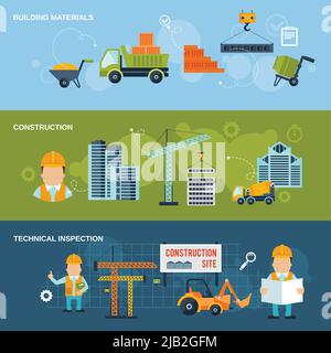 Construction horizontal banners set with building materials technical inspection isolated vector illustration Stock Vector