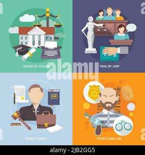 Law design concept with house of justice trial by jury honest judge icon flat set isolated vector illustration Stock Vector