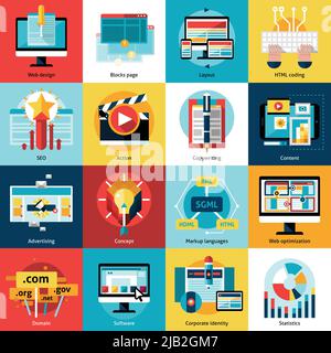 Creative process concept square icons set with advertising action and working online flat isolated vector illustration Stock Vector