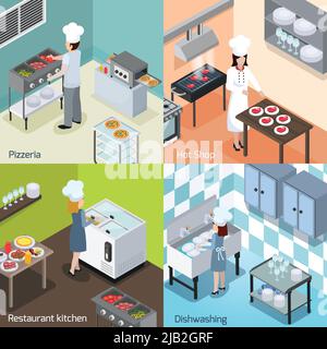 Commercial pizzeria and restaurant kitchen interior  equipment appliances 4 isometric icons square with dishwashing facility isolated vector illustrat Stock Vector