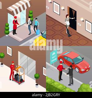 Hotel service 2x2 design concept set of doorman meeting visitors room cleaner valet parking isometric  compositions vector illustration Stock Vector