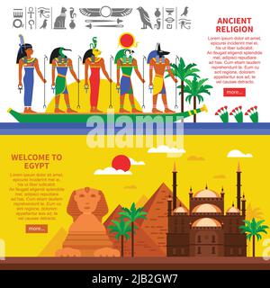 Egypt horizontal banners with egyptian landmarks decorative icons and sings of characters of ancient myths flat vector illustration Stock Vector