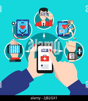 Digital healthcare gadgets tools software with index finger choosing smartphone screen menu options flat poster vector illustration Stock Vector