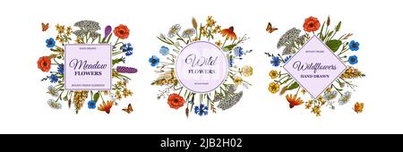 Set of hand drawn square summer wildflowers frames with butterflies. Vector illustration Stock Vector