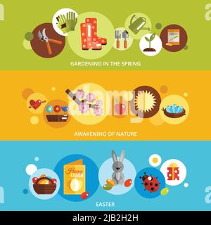 Spring horizontal banner flat set with gardening awakening of nature easter elements isolated vector illustration Stock Vector