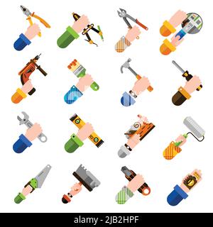 DIY concept with hands holding house renovation tools isolated vector illustration Stock Vector