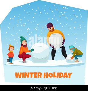 Winter holiday poster with snowman and family symbols flat vector illustration Stock Vector