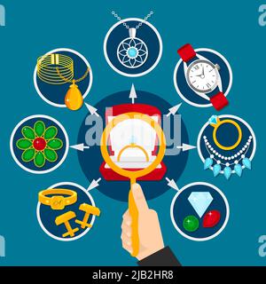 Jewelry choice composition with magnifier in hand, gems, mens and female decorations on blue background vector illustration Stock Vector