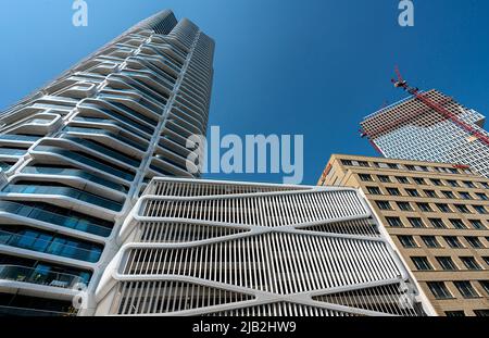 Grand Tower with multi-storey car park, first high-rise residential building in Germany, Frankfurt am Main, Hesse Stock Photo