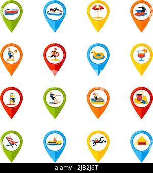 Various summer vacation locations marks signs colorful icons collection with surfing refreshments and beach accessories isolated vector illustration Stock Vector
