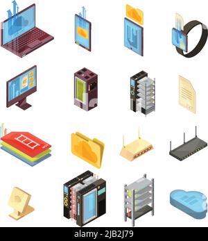 Data cloud isometric set with files, transfer information, computer and ...