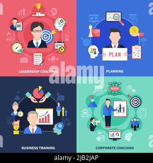 Coaching concept icons set with business training symbols flat isolated vector illustration Stock Vector