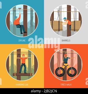 Ropes course outdoor adventure concept 4 flat icons with zip line tour and tires walking vector illustration Stock Vector