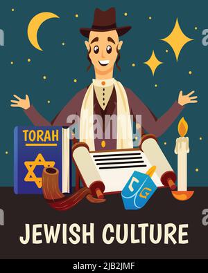 Cartoon jews characters composition background with flat images of jewish human character torah book candle and symbols vector illustration Stock Vector