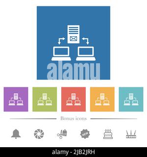 Multiple connections to mail server flat white icons in square backgrounds. 6 bonus icons included. Stock Vector