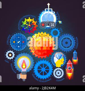 Gamification flat composition on dark background with mechanism from colorful gears, joystick, rockets, vector illustration Stock Vector