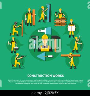 Construction worker green and flat composition with different types of construction works vector illustration Stock Vector