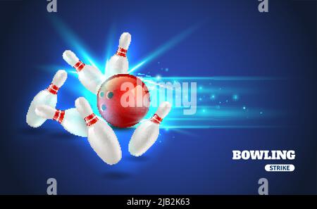 Bowling strike with ball and bowling pins on blue background realistic vector illustration Stock Vector