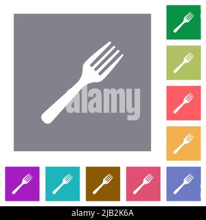 Single fork solid flat icons on simple color square backgrounds Stock Vector