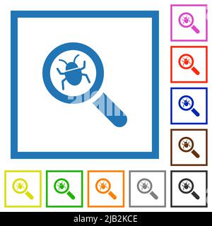 Bug tracking flat color icons in square frames on white background Stock Vector