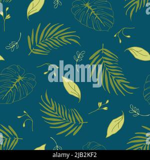 Seamless vector pattern with palm leaves on blue background. Simple tropical wallpaper design. Modern Hawaii fashion textile. Stock Vector