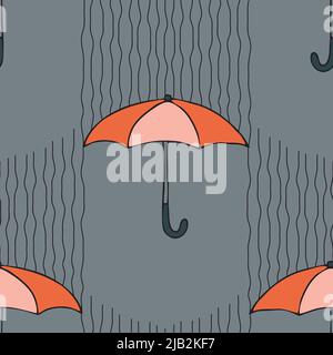 Seamless vector pattern with umbrellas on grey background. Artistic weather season wallpaper design. Decorative lifestyle fashion textile. Stock Vector