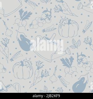 Seamless vector pattern with hand drawn vegetables on grey background. Simple summer garden wallpaper design. Decorative food sketch fashion textile. Stock Vector