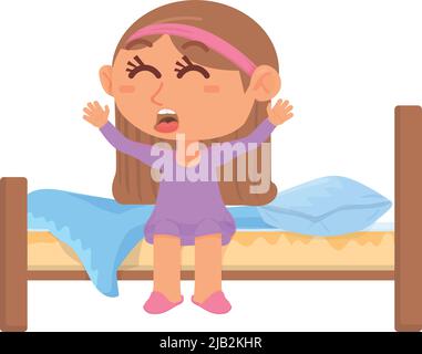 Girl waking up. Cartoon kid in bed on morning Stock Vector