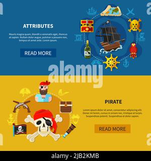 Set of horizontal cartoon banners with pirate attributes including ship, flag, treasure chest, guns isolated vector illustration Stock Vector