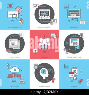 Business concept line icons set with social marketing web design and cloud data flat isolated vector illustration Stock Vector