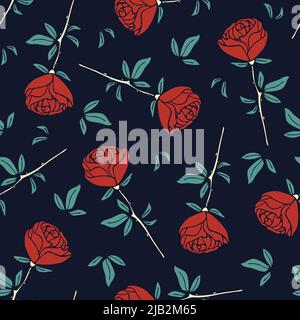 Seamless vector pattern with red roses on blue background. Romantic Valentines day wallpaper design. Decorative floral fashion textile. Stock Vector