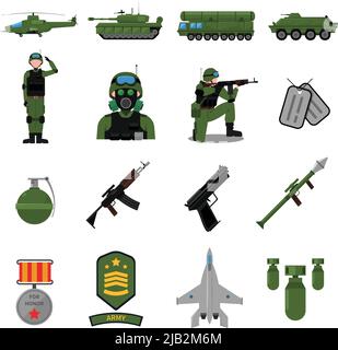 Army icons set with weapons soldiers and equipment flat isolated vector ...