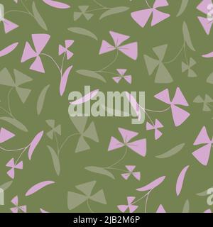 Seamless vector pattern with abstract flowers and leaves on green background. Simple floral wallpaper design for fabric, textile, fashion. Stock Vector