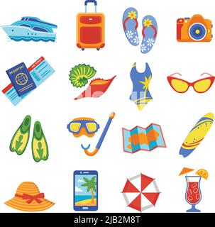 Summer holiday tropical beach vacation flat icons set with diving snorkel mask flippers equipment abstract vector illustration Stock Vector