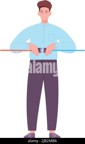 Man connecting red and blue wire. Problem solution concept isolated on white background Stock Vector