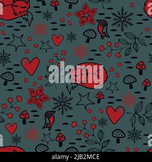 Seamless vector pattern with sleeping fox on blue background. Simple Christmas wallpaper design. Winter forest fashion textile. Stock Vector