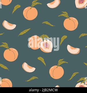 Seamless vector pattern with apricot on dark green background. Simple summer fruit wallpaper design. Decorative peach fashion textile. Stock Vector