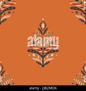 Seamless vector pattern with artistic feather on orange background. Simple native symbol wallpaper design. Decorative hand drawn fern fashion textile. Stock Vector