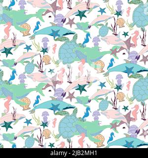 Marine life. Sea seamless pattern with bright whales, jellyfish, sea turtle, seahorse, dolphin. Underwater diving, sea travel. Vector design for texti Stock Vector
