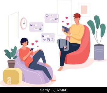 Man and woman chatting. Romantic social virtual communication isolated on white background Stock Vector