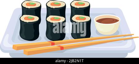 Sushi roll dish. Japanese fish food plate isolated on white background Stock Vector