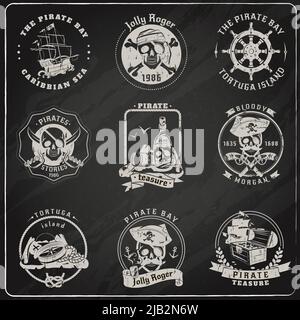 Famous pirate stories games and legends emblems pictograms set in chalk on blackboard abstract isolated vector illustration Stock Vector
