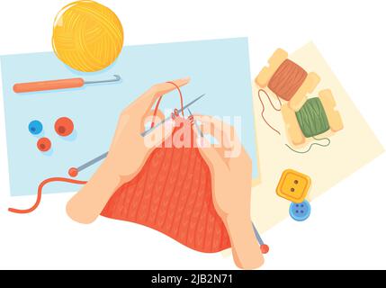 Knitting icon. Female hands with needles and yarn. Cartoon hobby symbol isolated on white background Stock Vector