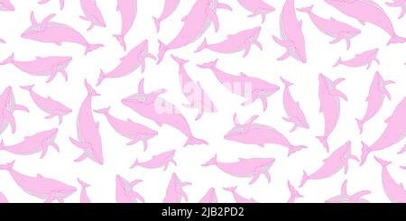 Cute pink Whales. Marine life. Sea seamless pattern with bright whales on white. Underwater diving, sea travel. Vector design in flat style for textil Stock Vector